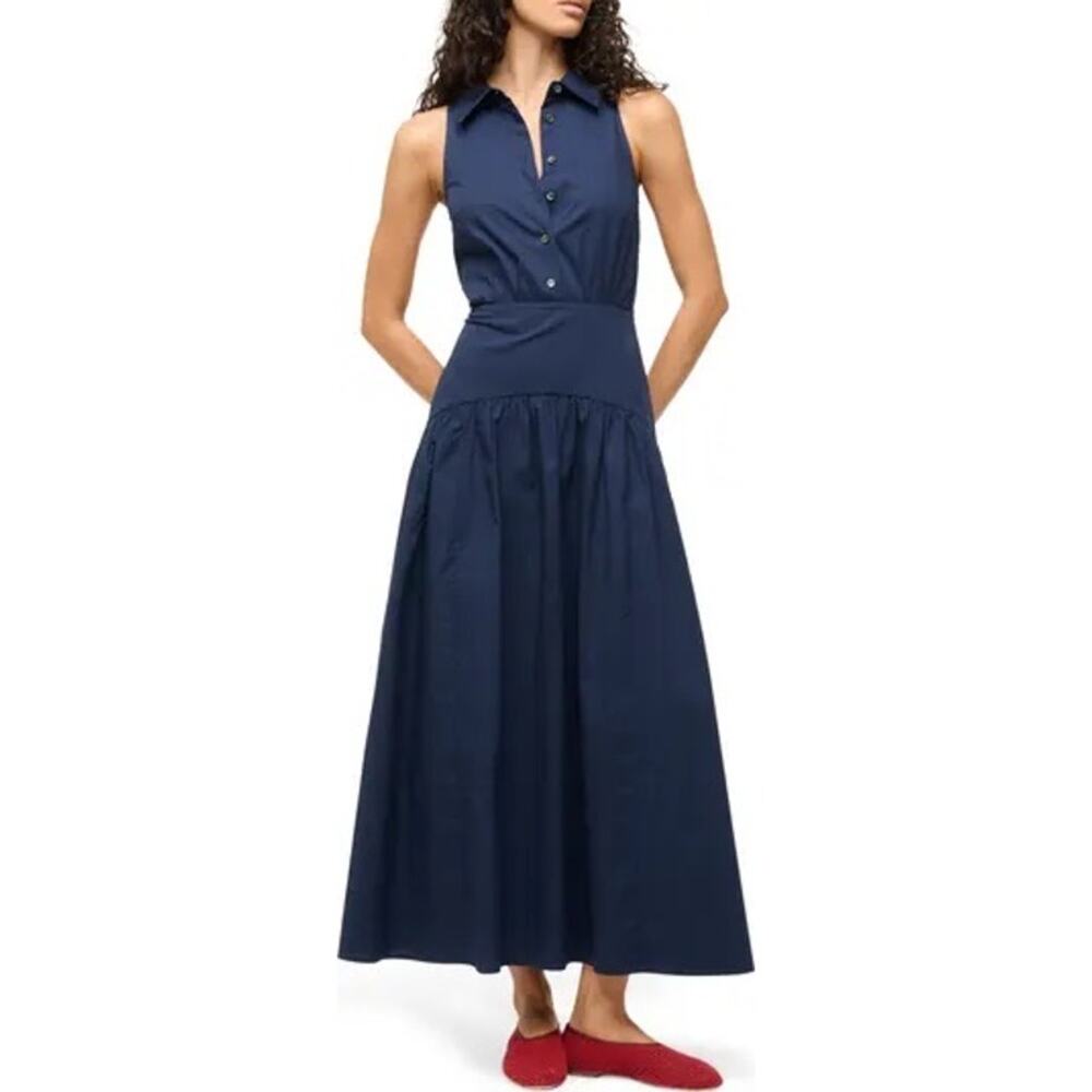 STAUD Romy Sleeveless Maxi Shirtdress Navy 12 NWT